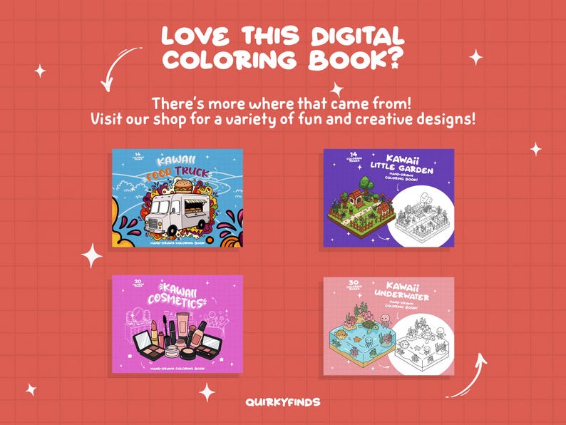 Puede incluir: Cuatro portadas de libros de colorear digitales con ilustraciones kawaii. Las portadas se titulan "Kawaii Food Truck", "Kawaii Little Garden", "Kawaii Cosmetics" y "Kawaii Underwater".