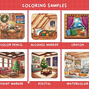 May include: A digital illustration showcasing six coloring samples. Each sample depicts a cozy interior scene, including a dining room, bedroom, and kitchen, decorated for the holidays. The text "COLORING SAMPLES" is at the top.
