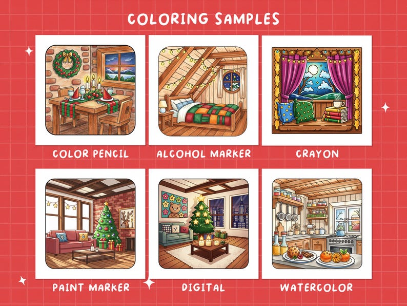 May include: A digital illustration showcasing six coloring samples. Each sample depicts a cozy interior scene, including a dining room, bedroom, and kitchen, decorated for the holidays. The text "COLORING SAMPLES" is at the top.