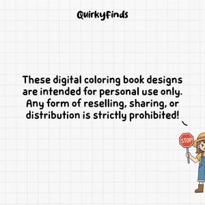 May include: Image featuring the text "Quirkyfinds" and a notice about digital colouring book designs for personal use. A cartoon character holds a stop sign.