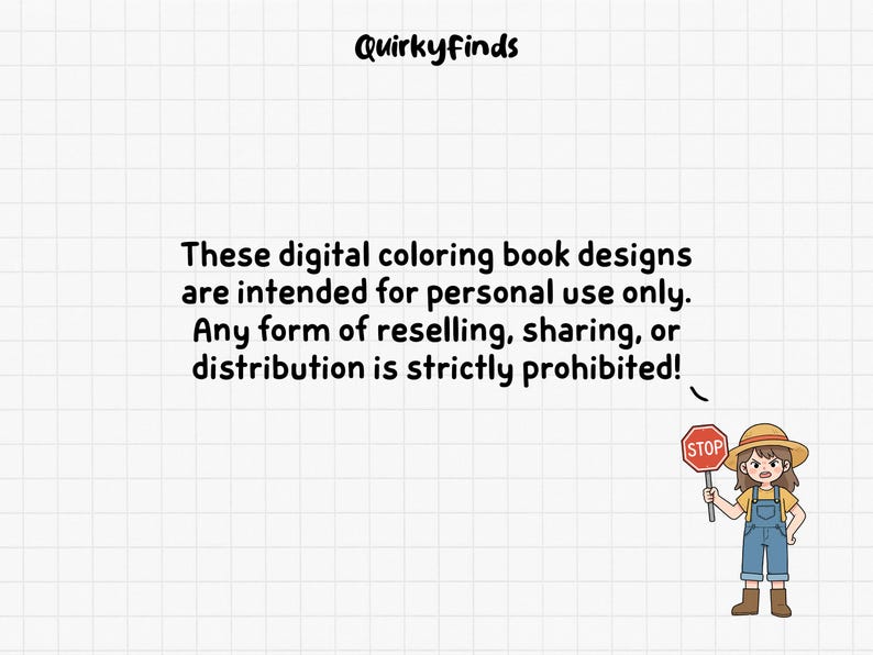 May include: Image featuring the text "Quirkyfinds" and a notice about digital colouring book designs for personal use. A cartoon character holds a stop sign.