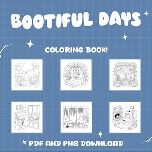 K&ouml;nnte beinhalten: Ein digitales Malbuch mit dem Titel "Bootiful Days" mit sechs Schwarz-Wei&szlig;-Illustrationen von Geisterfiguren in verschiedenen Umgebungen. Der Text "COLORING BOOK!" und "PDF AND PNG DOWNLOAD" sind ebenfalls enthalten.