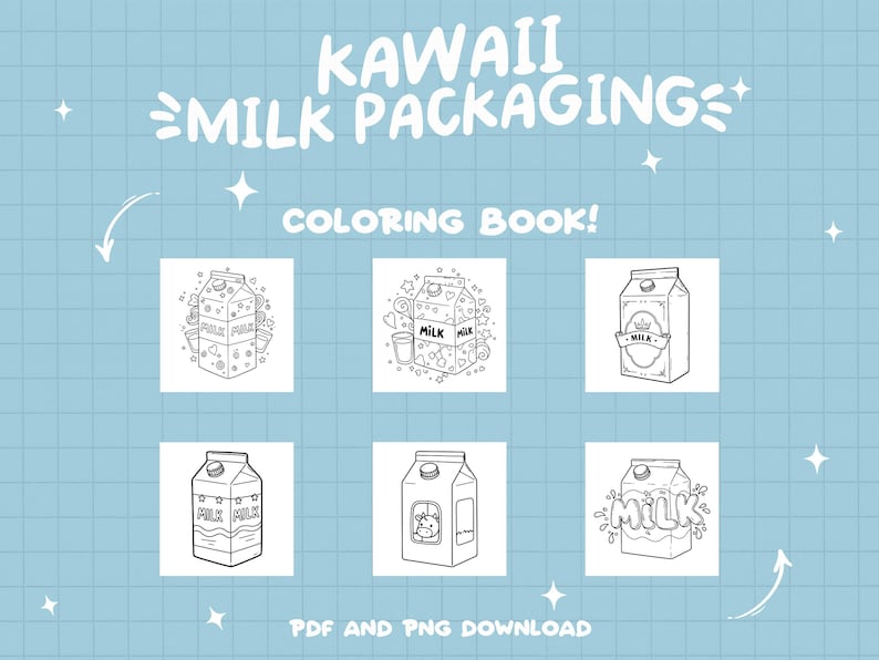 May include: Black and white coloring book pages featuring six different kawaii milk carton designs. The designs include a milk carton with a crown, a milk carton with a cow, and a milk carton with hearts. The text "Kawaii Milk Packaging Coloring Book!" is at the top of the image.