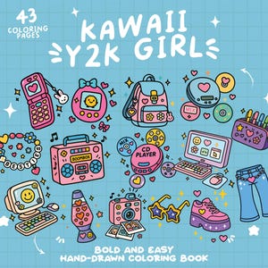 以下が含まれることがあります： かわいいY2Kガールイラストが43ページ入った塗り絵。表紙には、ブームボックス、CDプレーヤー、ラップトップ、バックパック、溶岩ランプ、携帯電話、ゲーム機、サングラス、靴、ジーンズなど、さまざまなカラフルな画像が描かれています。