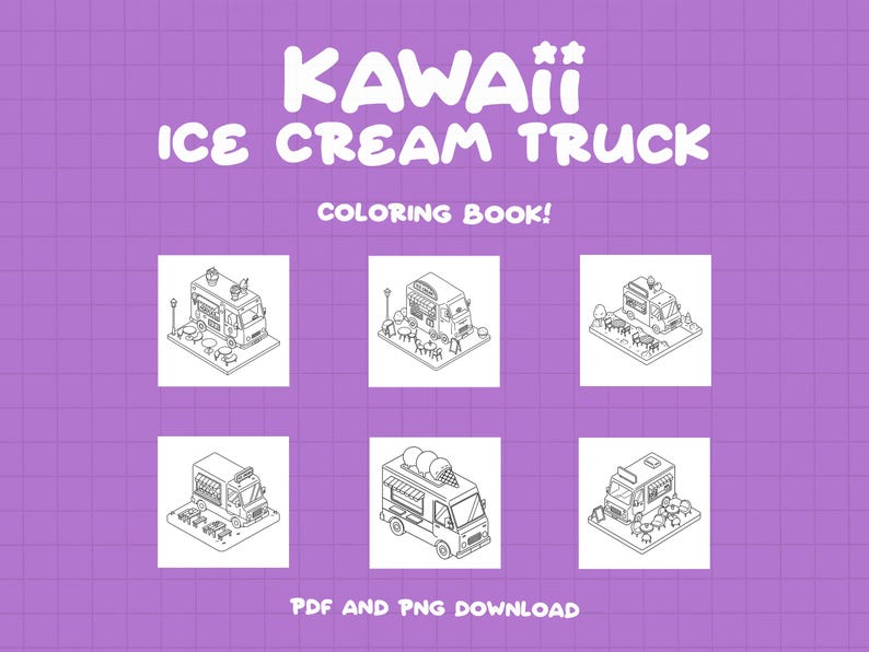 Puede incluir: Una p&aacute;gina de libro para colorear en blanco y negro con seis ilustraciones de camiones de helados kawaii. El t&iacute;tulo del libro es "Kawaii Ice Cream Truck Coloring Book!" con el texto "PDF and PNG Download" en la parte inferior.