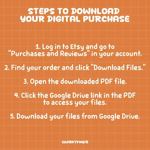 May include: An orange background with a grid pattern and white text that reads "STEPS TO DOWNLOAD YOUR DIGITAL PURCHASE." Instructions are listed below on how to download a digital purchase from Etsy.