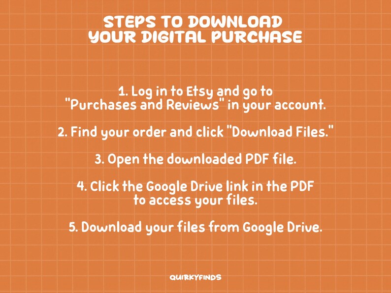 May include: An orange background with a grid pattern and white text that reads "STEPS TO DOWNLOAD YOUR DIGITAL PURCHASE." Instructions are listed below on how to download a digital purchase from Etsy.