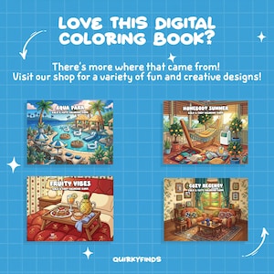 K&ouml;nnte beinhalten: Ein blauer Hintergrund mit wei&szlig;en Sternen und Rasterlinien zeigt vier digitale Malbuchcover. Die Cover zeigen Szenen wie einen Aquapark, ein gem&uuml;tliches Wohnzimmer, ein Fr&uuml;hst&uuml;ckstablett und ein Wohnzimmer. Der Text lautet "LOVE THIS DIGITAL COLORING BOOK?" und "Visit our shop for a variety of fun and creative designs!"