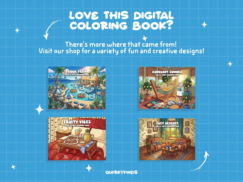 K&ouml;nnte beinhalten: Ein blauer Hintergrund mit wei&szlig;en Sternen und Rasterlinien zeigt vier digitale Malbuchcover. Die Cover zeigen Szenen wie einen Aquapark, ein gem&uuml;tliches Wohnzimmer, ein Fr&uuml;hst&uuml;ckstablett und ein Wohnzimmer. Der Text lautet "LOVE THIS DIGITAL COLORING BOOK?" und "Visit our shop for a variety of fun and creative designs!"