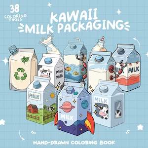 May include: A set of 38 coloring pages featuring cute milk cartons with different designs. The cartons are in various shapes and sizes, with some featuring a cow, a rocket, a planet, and a recycling symbol. The text "KAWAII MILK PACKAGING" is at the top of the image, and the text "HAND-DRAWN COLORING BOOK" is at the bottom.