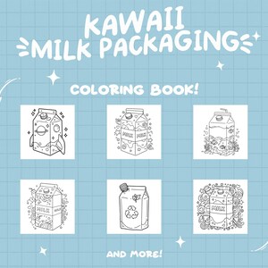 May include: Black and white coloring book pages featuring cute milk carton designs. The designs include a rocket, a galaxy, a fish, a recycling symbol, and a doodle pattern. The title of the book is "Kawaii Milk Packaging Coloring Book!"