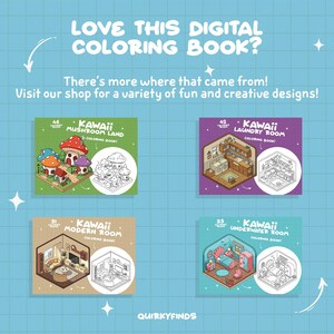 Peut inclure: Quatre couvertures de livres de coloriage num&eacute;riques avec des illustrations kawaii. Les couvertures sont intitul&eacute;es "Kawaii Mushroom Land", "Kawaii Laundry Room", "Kawaii Modern Room" et "Kawaii Underwater Room".