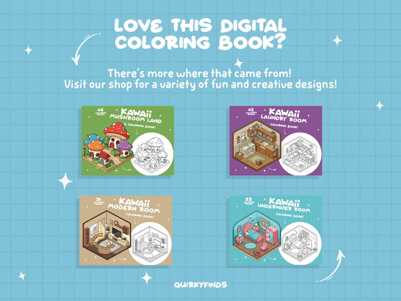 Peut inclure: Quatre couvertures de livres de coloriage num&eacute;riques avec des illustrations kawaii. Les couvertures sont intitul&eacute;es "Kawaii Mushroom Land", "Kawaii Laundry Room", "Kawaii Modern Room" et "Kawaii Underwater Room".