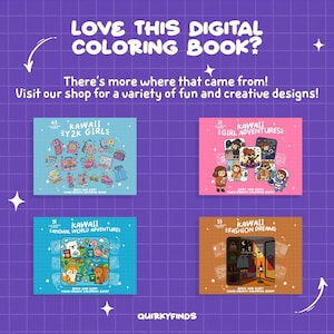 Peut inclure: Quatre couvertures de livres de coloriage num&eacute;riques sur le th&egrave;me kawaii. Les couvertures pr&eacute;sentent des illustrations de filles, d'animaux et de mode. Le texte sur les couvertures est "Kawaii by2k Girls", "Kawaii Animal World Adventures", "Kawaii Girl Adventures", et "Kawaii Fashion Dreams".