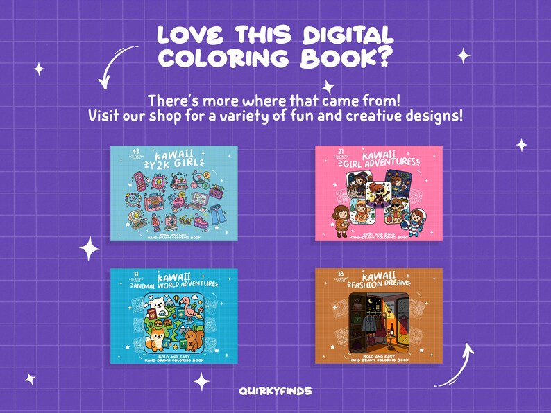 Peut inclure: Quatre couvertures de livres de coloriage num&eacute;riques sur le th&egrave;me kawaii. Les couvertures pr&eacute;sentent des illustrations de filles, d'animaux et de mode. Le texte sur les couvertures est "Kawaii by2k Girls", "Kawaii Animal World Adventures", "Kawaii Girl Adventures", et "Kawaii Fashion Dreams".