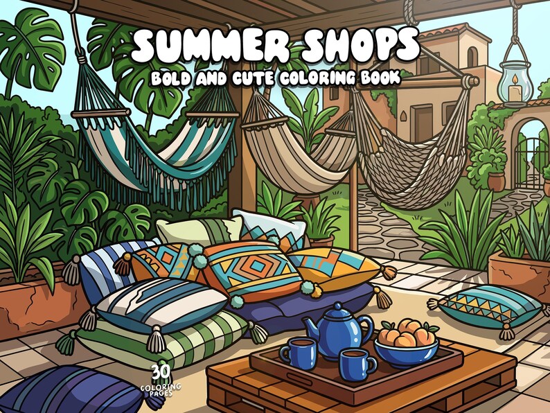 May include: A vibrant illustration for a colouring book cover, "Summer Shops." The image shows a relaxing outdoor scene with hammocks, cushions, and a table with a teapot, cups, and a bowl of fruit. The text "Bold and Cute Coloring Book" is also visible.