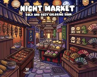 Night coloring market cozy coloring book for adults digital coloring kawaii printable coloring scene creative coloring page instant download