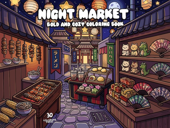 Night coloring market cozy coloring book for adults digital coloring kawaii printable coloring scene creative coloring page instant download