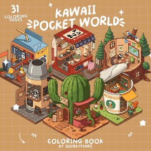 May include: A colorful illustration of a "Kawaii Pocket World" coloring book. The image features various themed buildings, including a cafe, ramen shop, and a treehouse, all with cute animal characters. The book has 31 coloring pages.