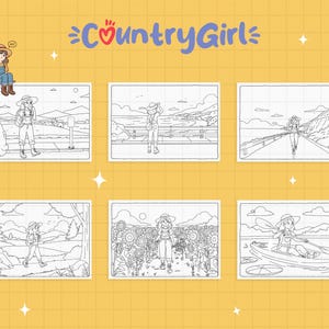 May include: A yellow background with the text "Country Girl" in blue and red. The image features six framed illustrations of a person in a straw hat and overalls, engaging in various outdoor activities, such as hiking and kayaking.