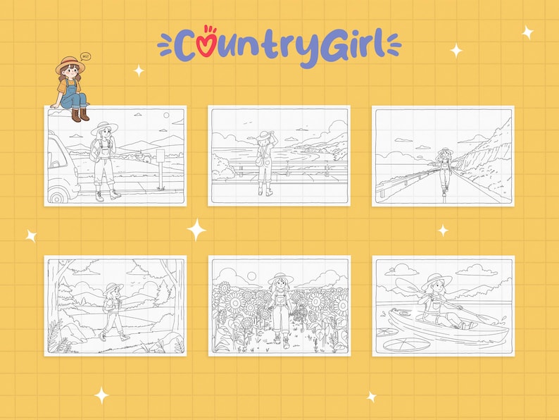 May include: A yellow background with the text "Country Girl" in blue and red. The image features six framed illustrations of a person in a straw hat and overalls, engaging in various outdoor activities, such as hiking and kayaking.