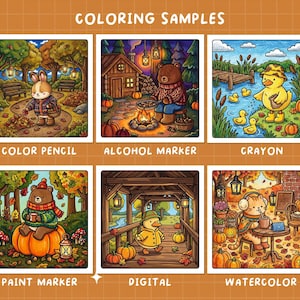 Cute Autumn Coloring Book, Cozy Fall Coloring Pages, Fall Animals Coloring, Bold Easy Coloring for Adults Kids, Printable Instant Download image 5