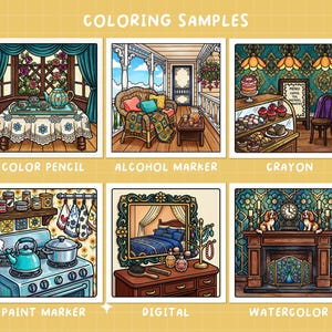 May include: A collection of six illustrations showcasing coloring samples. Each image depicts a different interior scene, including a tea setting, a porch, a bakery, a kitchen, a bedroom, and a fireplace. The text "COLORING SAMPLES" is at the top.