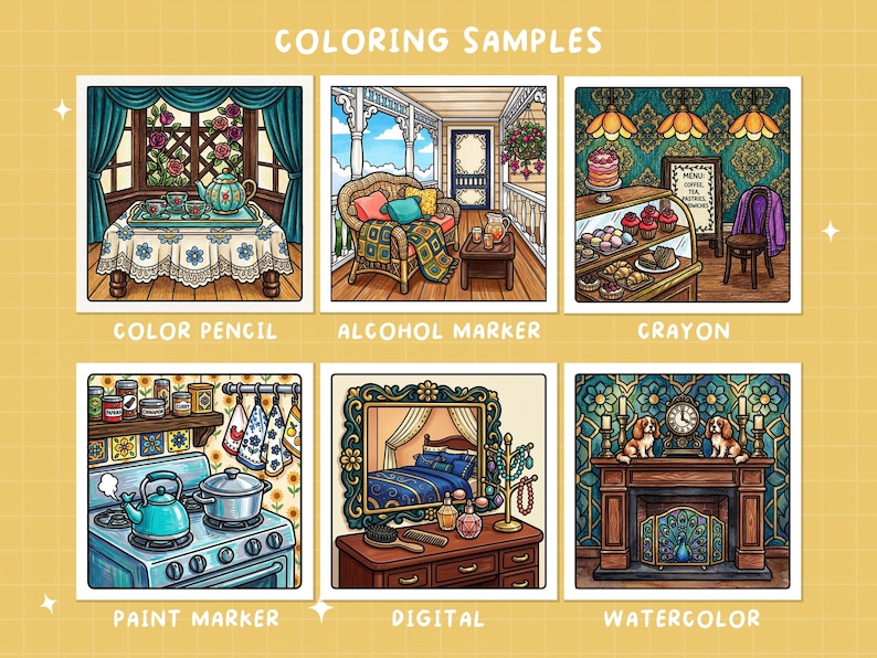 May include: A collection of six illustrations showcasing coloring samples. Each image depicts a different interior scene, including a tea setting, a porch, a bakery, a kitchen, a bedroom, and a fireplace. The text "COLORING SAMPLES" is at the top.