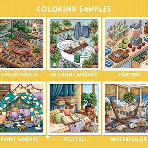 May include: A yellow background with six square illustrations labeled "Coloring Samples." Each depicts a different scene, including a bonsai tree, a bathtub, and a hammock, with the coloring medium listed below each.