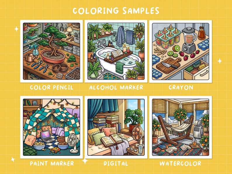May include: A yellow background with six square illustrations labeled "Coloring Samples." Each depicts a different scene, including a bonsai tree, a bathtub, and a hammock, with the coloring medium listed below each.