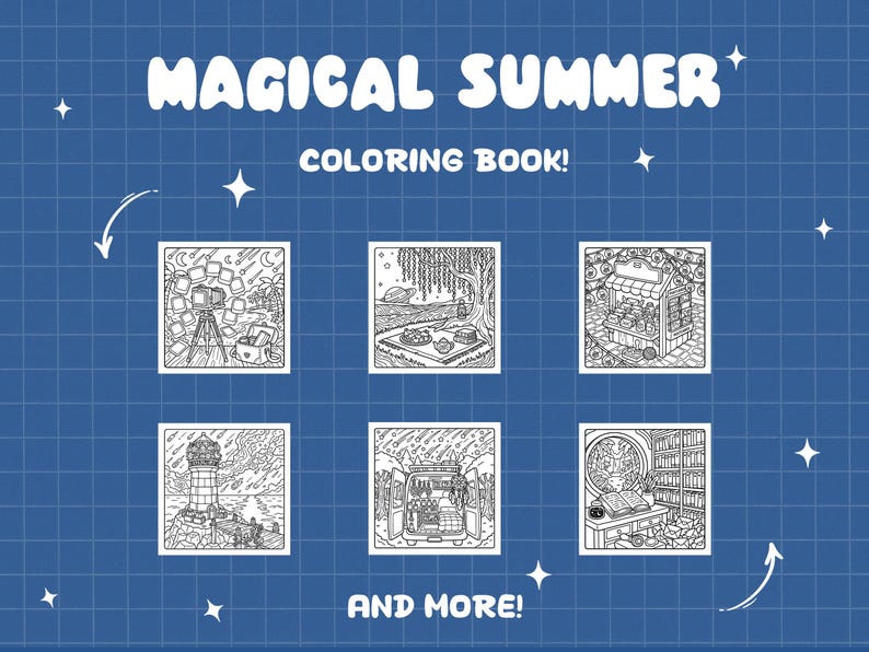 May include: A blue background with the words "MAGICAL SUMMER COLORING BOOK!" in white, along with six black and white illustrations of summer scenes. The phrase "AND MORE!" is also included.
