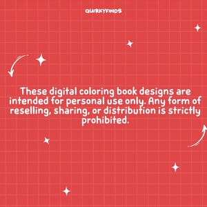 May include: Red background with a grid pattern, white stars, and curved arrows. The text reads: "These digital coloring book designs are intended for personal use only. Any form of reselling, sharing, or distribution is strictly prohibited."