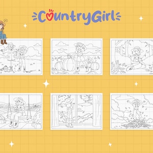 May include: Six black and white illustrations of a girl in a straw hat, set against a yellow backdrop. The drawings show autumnal scenes with pumpkins, scarecrows, and leaf piles. The words "Country Girl" are displayed at the top of the image.