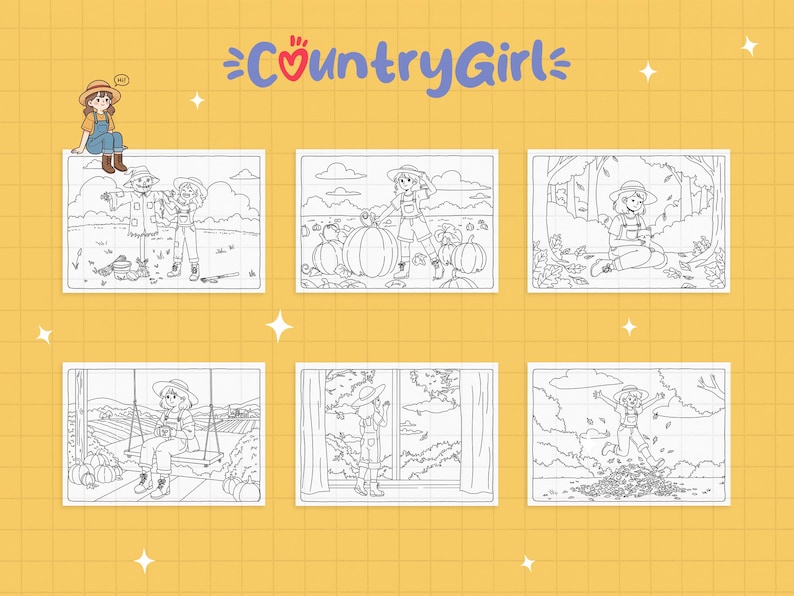 May include: Six black and white illustrations of a girl in a straw hat, set against a yellow backdrop. The drawings show autumnal scenes with pumpkins, scarecrows, and leaf piles. The words "Country Girl" are displayed at the top of the image.