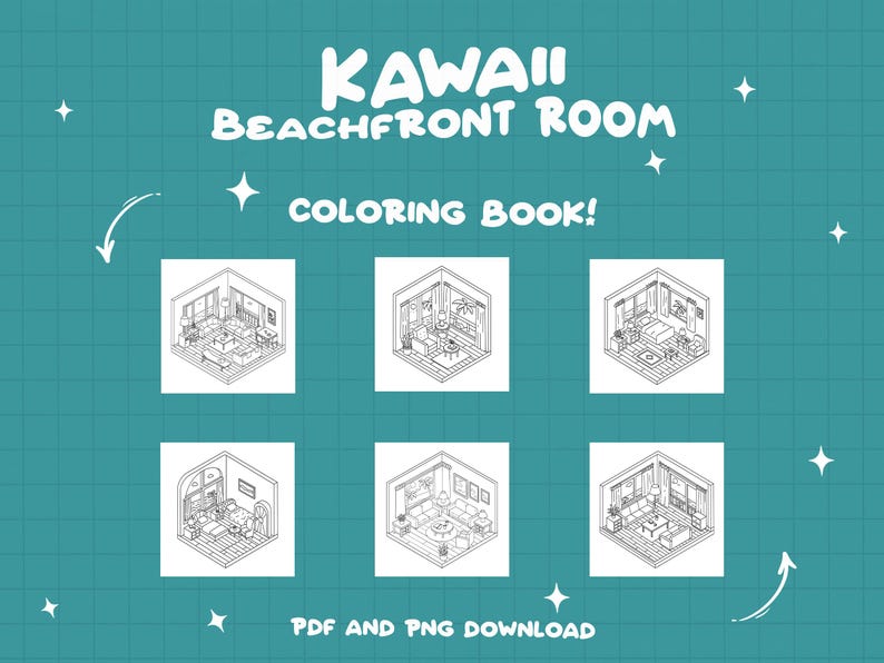 May include: Kawaii Beachfront Room Coloring Book! A black and white coloring book featuring six different illustrations of a beach-themed room. Each illustration is a different perspective of the room, with furniture and decor like a bed, couch, coffee table, and lamps. The text "PDF and PNG Download" is at the bottom of the image.