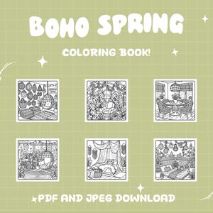 以下が含まれることがあります： 白い文字で「BOHO SPRING COLORING BOOK！」と書かれた緑色の背景。画像には、ボヘミアンスタイルの部屋の6つの白黒イラストが描かれています。下部のテキストは「PDF AND JPEG DOWNLOAD」と書かれています。
