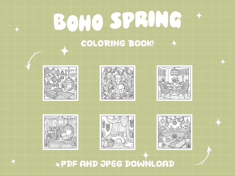 以下が含まれることがあります： 白い文字で「BOHO SPRING COLORING BOOK！」と書かれた緑色の背景。画像には、ボヘミアンスタイルの部屋の6つの白黒イラストが描かれています。下部のテキストは「PDF AND JPEG DOWNLOAD」と書かれています。