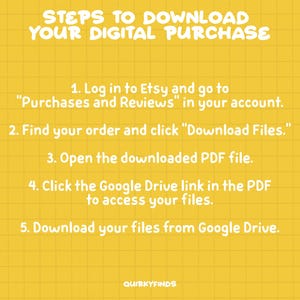 May include: A yellow grid background with white text outlining the steps to download a digital purchase from Etsy. The steps include logging into Etsy, finding your order, clicking "Download Files", opening the PDF file, clicking the Google Drive link in the PDF, and downloading your files from Google Drive.