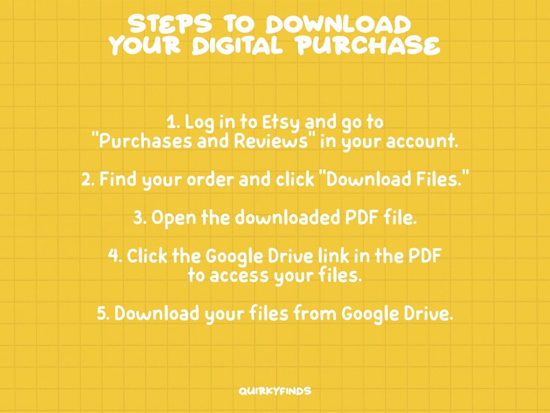 May include: A yellow grid background with white text outlining the steps to download a digital purchase from Etsy. The steps include logging into Etsy, finding your order, clicking "Download Files", opening the PDF file, clicking the Google Drive link in the PDF, and downloading your files from Google Drive.