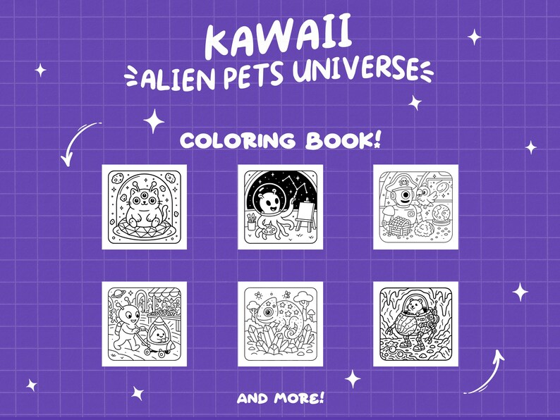 Peut inclure: Pages de coloriage en noir et blanc repr&eacute;sentant de jolis animaux de compagnie extraterrestres. La couverture pr&eacute;sente le texte "Kawaii Alien Pets Universe Coloring Book!" et "And More!"