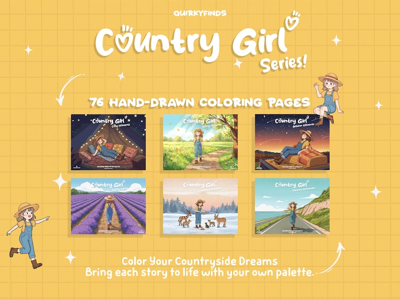 May include: A yellow background with the text "Country Girl Series!" and "76 Hand-Drawn Colouring Pages." The image features illustrations of a girl in various countryside settings. The text "Color Your Countryside Dreams" is also present.