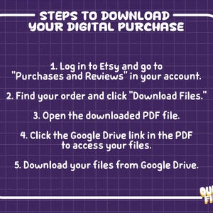 May include: A purple graphic with a white grid pattern and white text titled STEPS TO DOWNLOAD YOUR DIGITAL PURCHASE. It lists five numbered instructions for accessing files via Etsy, a PDF, and Google Drive, with the text QUIRKY FINDS at the bottom.