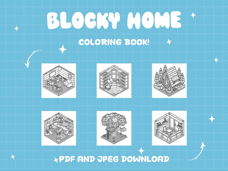 K&ouml;nnte beinhalten: Hellblauer Hintergrund mit wei&szlig;em Text "BLOCKY HOME COLORING BOOK!" und sechs schwarz-wei&szlig;en isometrischen Illustrationen von Zimmern und H&auml;usern. Der Text "PDF AND JPEG DOWNLOAD" befindet sich unten.