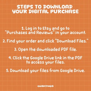 May include: An orange background with a grid pattern and white text. The text reads "STEPS TO DOWNLOAD YOUR DIGITAL PURCHASE" followed by numbered instructions on how to download files from Etsy.