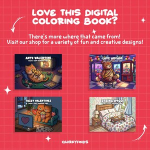 May include: Red background with white text: "LOVE THIS DIGITAL COLORING BOOK?" and "There's more where that came from! Visit our shop for a variety of fun and creative designs!" Four digital coloring book covers are displayed.