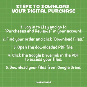 May include: Green background with a grid pattern and white text. The text reads "STEPS TO DOWNLOAD YOUR DIGITAL PURCHASE" followed by numbered instructions on how to download files from Etsy. The Quirkyfinds logo is at the bottom.