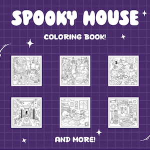 May include: A Spooky House coloring book with white text on a purple grid background. The cover displays six black and white line art illustrations featuring interior scenes with pumpkins, ghosts, and decor. The text reads Spooky House Coloring Book and More.
