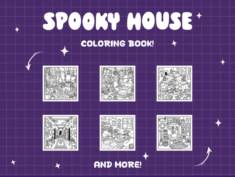 May include: A Spooky House coloring book with white text on a purple grid background. The cover displays six black and white line art illustrations featuring interior scenes with pumpkins, ghosts, and decor. The text reads Spooky House Coloring Book and More.