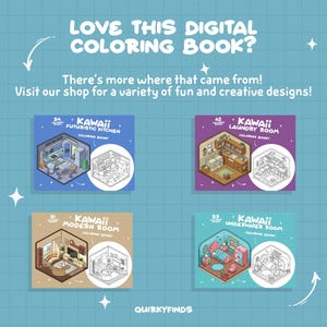 Puede incluir: Cuatro portadas de libros de colorear digitales con ilustraciones de estilo kawaii de una cocina futurista, una habitaci&oacute;n moderna, una lavander&iacute;a y una habitaci&oacute;n submarina. Cada portada tiene el texto "Kawaii" y el nombre de la habitaci&oacute;n. Las portadas son todas de diferentes colores.