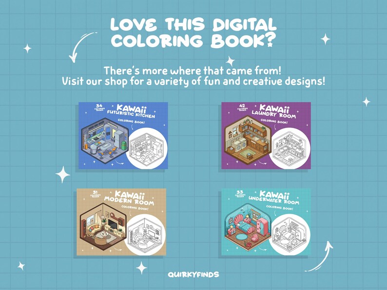 Puede incluir: Cuatro portadas de libros de colorear digitales con ilustraciones de estilo kawaii de una cocina futurista, una habitaci&oacute;n moderna, una lavander&iacute;a y una habitaci&oacute;n submarina. Cada portada tiene el texto "Kawaii" y el nombre de la habitaci&oacute;n. Las portadas son todas de diferentes colores.